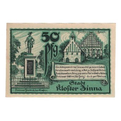 Banconote, Germania, Kloster Zinna Stadt, 50 Pfennig, Monument, 1920