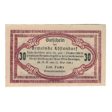 Billet, Autriche, Köstendorf Sbg. Gemeinde, 30 Heller, Texte, 1920, 1920-10-01