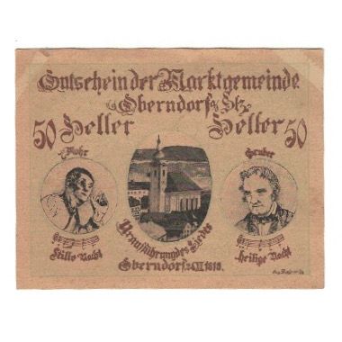 Biljet, Oostenrijk, Oberndorf a.d. Salzach Sbg. Marktgemeinde, 50 Heller, Texte