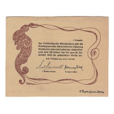 Biljet, Oostenrijk, Oberndorf a.d. Salzach Sbg. Marktgemeinde, 50 Heller, Texte