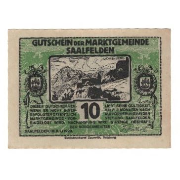 Nota, Áustria, Saalfelden Sbg. Marktgemeinde, 10 Heller, personnage, 1920