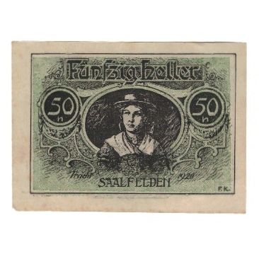 Biljet, Oostenrijk, Saalfelden Sbg. Marktgemeinde, 50 Heller, personnage, 1920