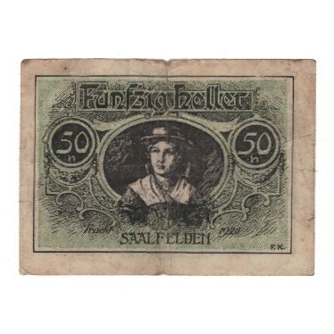 Nota, Áustria, Saalfelden Sbg. Marktgemeinde, 50 Heller, personnage 1, 1920