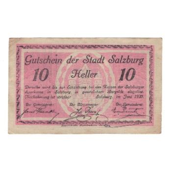 Banconote, Austria, Salzburg Sbg. Stadt, 10 Heller, Batiment, 1920, BB, Mehl:FS
