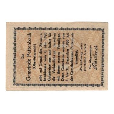 Banknote, Austria, Pettenbach O.Ö. Gemeinde, 10 Heller, Texte, 1920