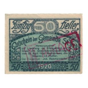 Biljet, Oostenrijk, St. Veit im Mühlkreis O.Ö. Gemeinde, 50 Heller, rue, 1920
