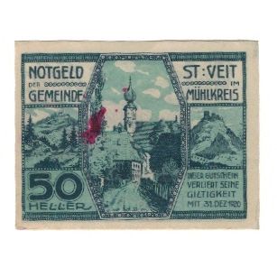 Biljet, Oostenrijk, St. Veit im Mühlkreis O.Ö. Gemeinde, 50 Heller, rue, 1920