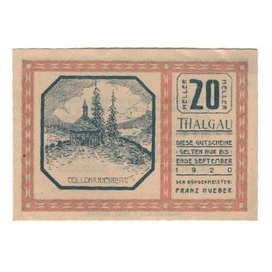 Biljet, Oostenrijk, Thalgau Sbg. Gemeinde, 20 Heller, Texte, 1920, 1920-09-30