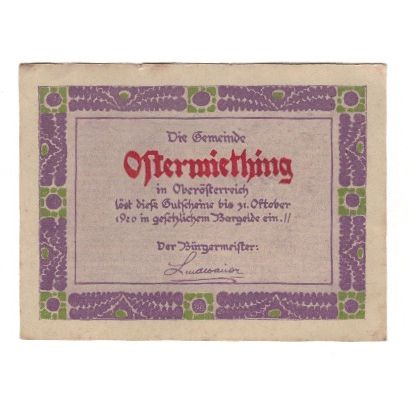 Banconote, Austria, Ostermiething O.Ö. Gemeinde, 40 Heller, personnage, 1920