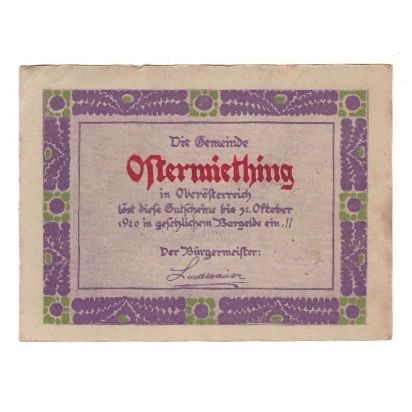 Nota, Áustria, Ostermiething O.Ö. Gemeinde, 50 Heller, paysage, 1920