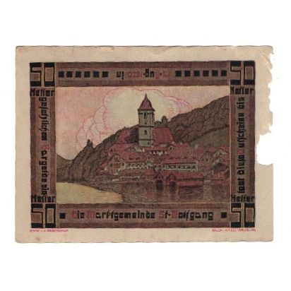 Banconote, Austria, St. Wolfgang O.Ö. Marktgemeinde, 50 Heller, paysage, 1920
