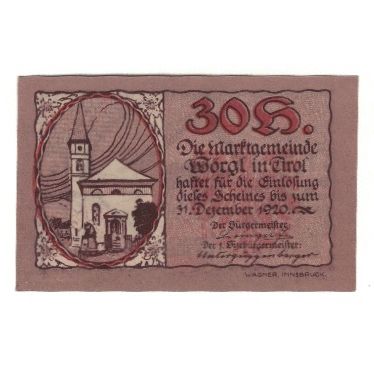 Biljet, Oostenrijk, Wörgl Tirol Marktgemeinde, 30 Heller, Batiment, 1920