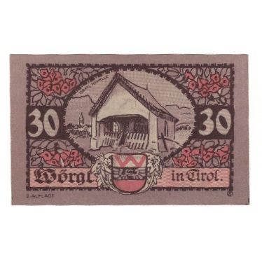 Biljet, Oostenrijk, Wörgl Tirol Marktgemeinde, 30 Heller, Batiment, 1920