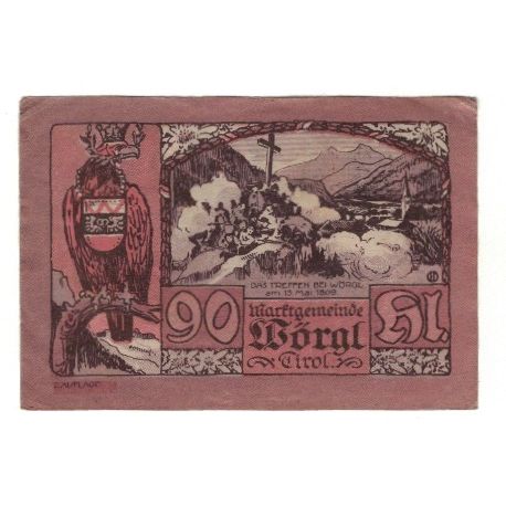 Banconote, Austria, Wörgl Tirol Marktgemeinde, 90 Heller, paysage, 1920