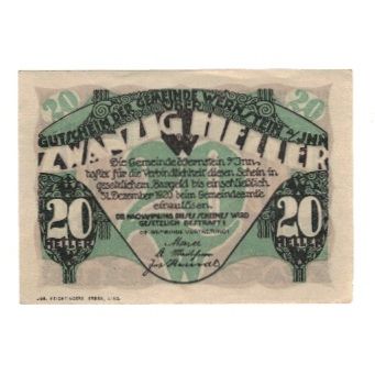Banknote, Austria, Wernstein am Inn O.Ö. Gemeinde, 20 Heller, paysage, 1920