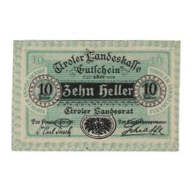 Geldschein, Österreich, Tiroler Landeskasse Tirol Land, 10 Heller, Texte, 1920
