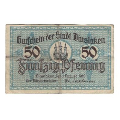 Banknote, Germany, Dinslaken Stadt, 50 Pfennig, personnage, 1920, 1920-08-01