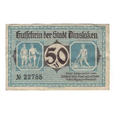 Banknote, Germany, Dinslaken Stadt, 50 Pfennig, personnage, 1920, 1920-08-01