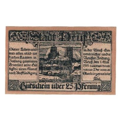 Biljet, Duitsland, Neuß Stadt, 25 Pfennig, valeur faciale, 1919, 1919-05-01