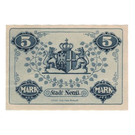 Banconote, Germania, Neuß Stadt, 5 Mark, Blason, 1918, 1918-11-12, SPL-