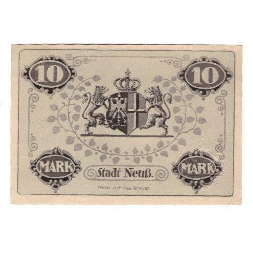 Banknote, Germany, Neuß Stadt, 10 Mark, Blason, 1918, 1918-11-12, AU(55-58)