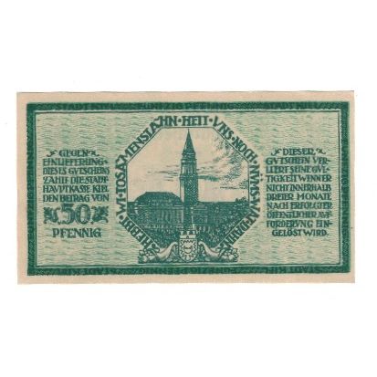 Banknote, Germany, Kiel Stadt, 50 Pfennig, Eglise, 1918, 1918-01-01, AU(55-58)
