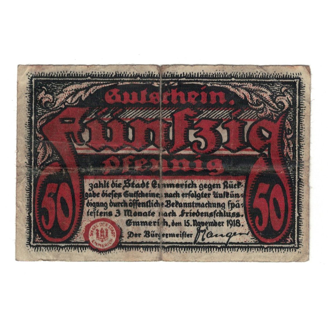 Banconote, Germania, Emmerich Stadt, 50 Pfennig, Blason, 1918, 1918-11-15, MB