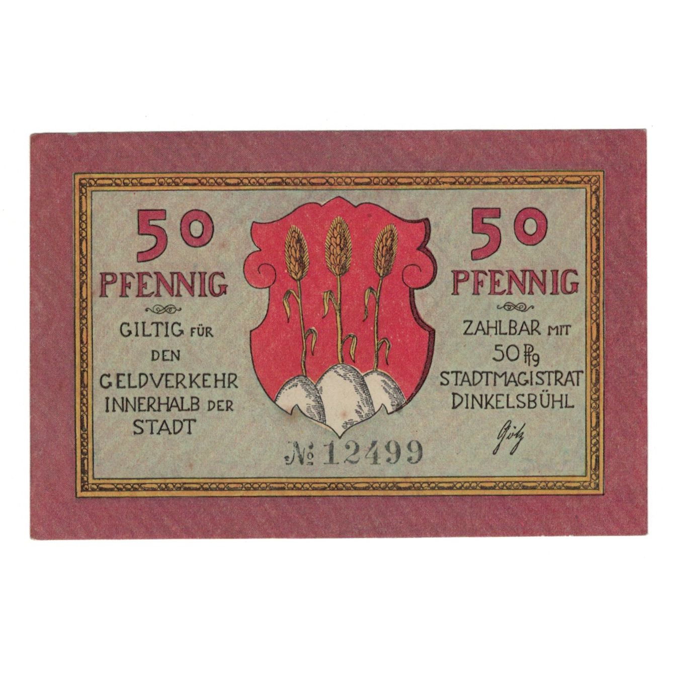 Geldschein, Deutschland, Dinkelsbühl Stadt, 50 Pfennig, paysage, VZ