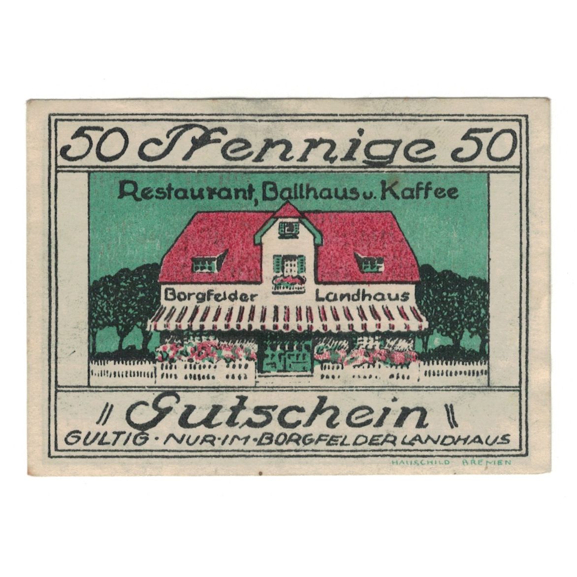 Geldschein, Deutschland, Bremen Borgfelder Landhaus, 50 Pfennig, coq, undated