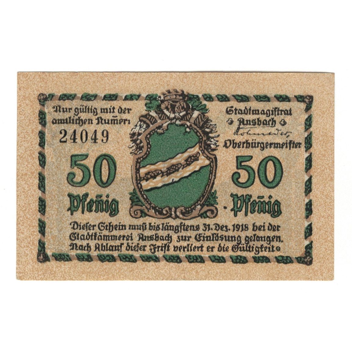 Banknote, Germany, Ansbach Stadtmagistrat, 50 Pfennig, Batiment, 1918