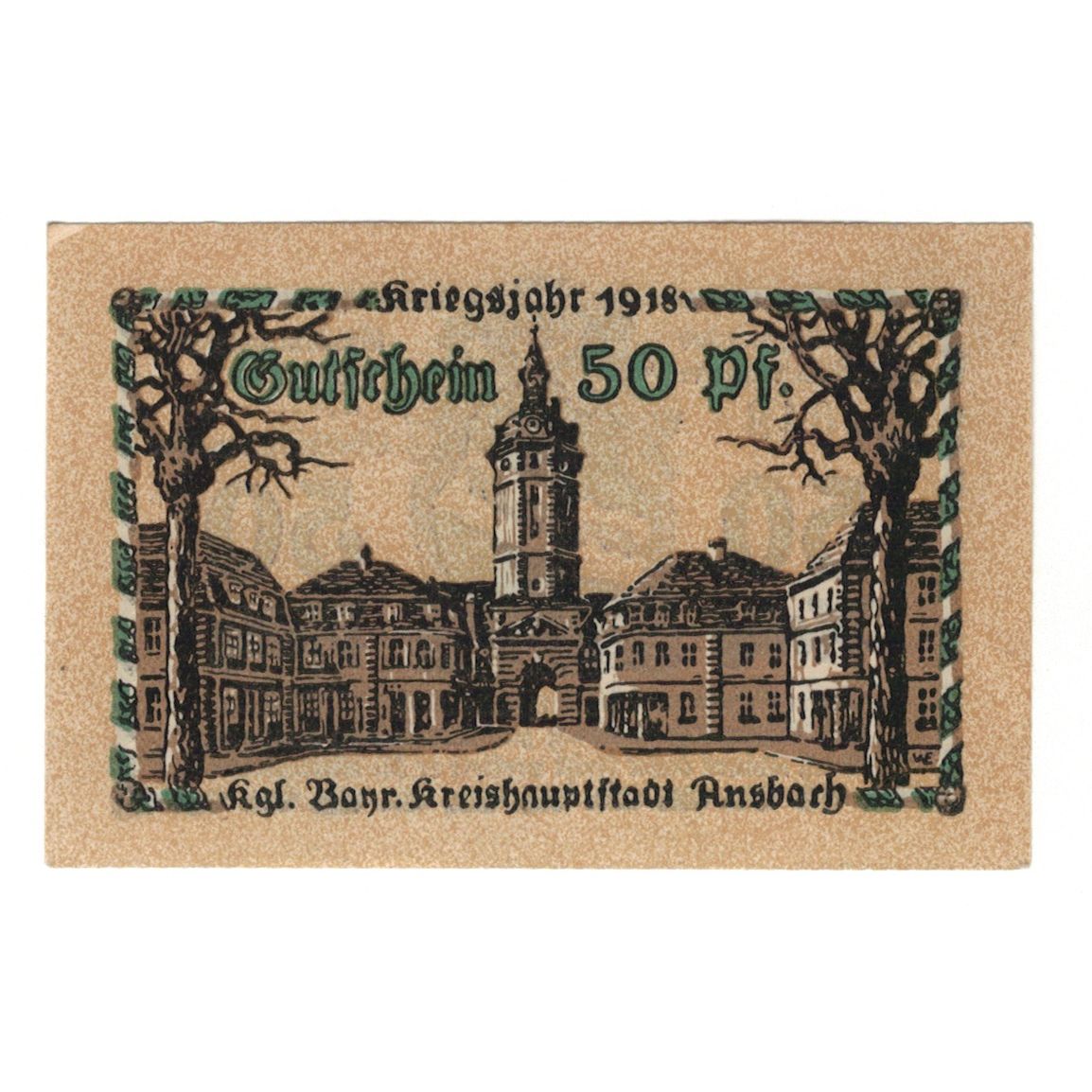 Banknote, Germany, Ansbach Stadtmagistrat, 50 Pfennig, Batiment, 1918