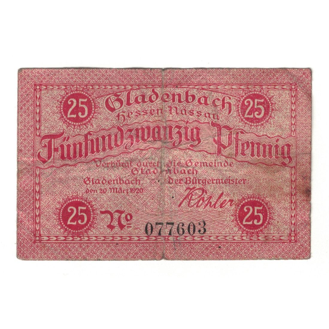 Banknot, Niemcy, Gladenbach Stadt, 25 Pfennig, valeur faciale, 1920, 1920-03-20