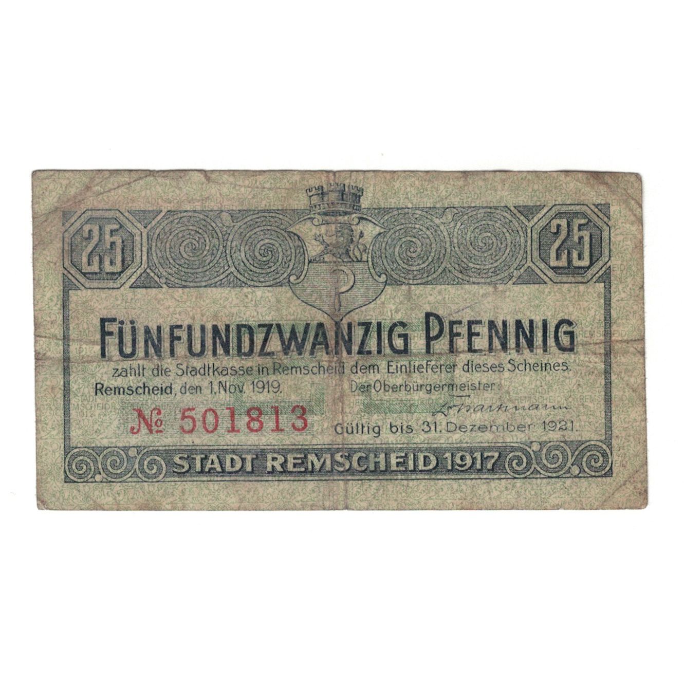 Billet, Allemagne, Remscheid Stadt, 25 Pfennig, personnage, 1920, 1921-12-31