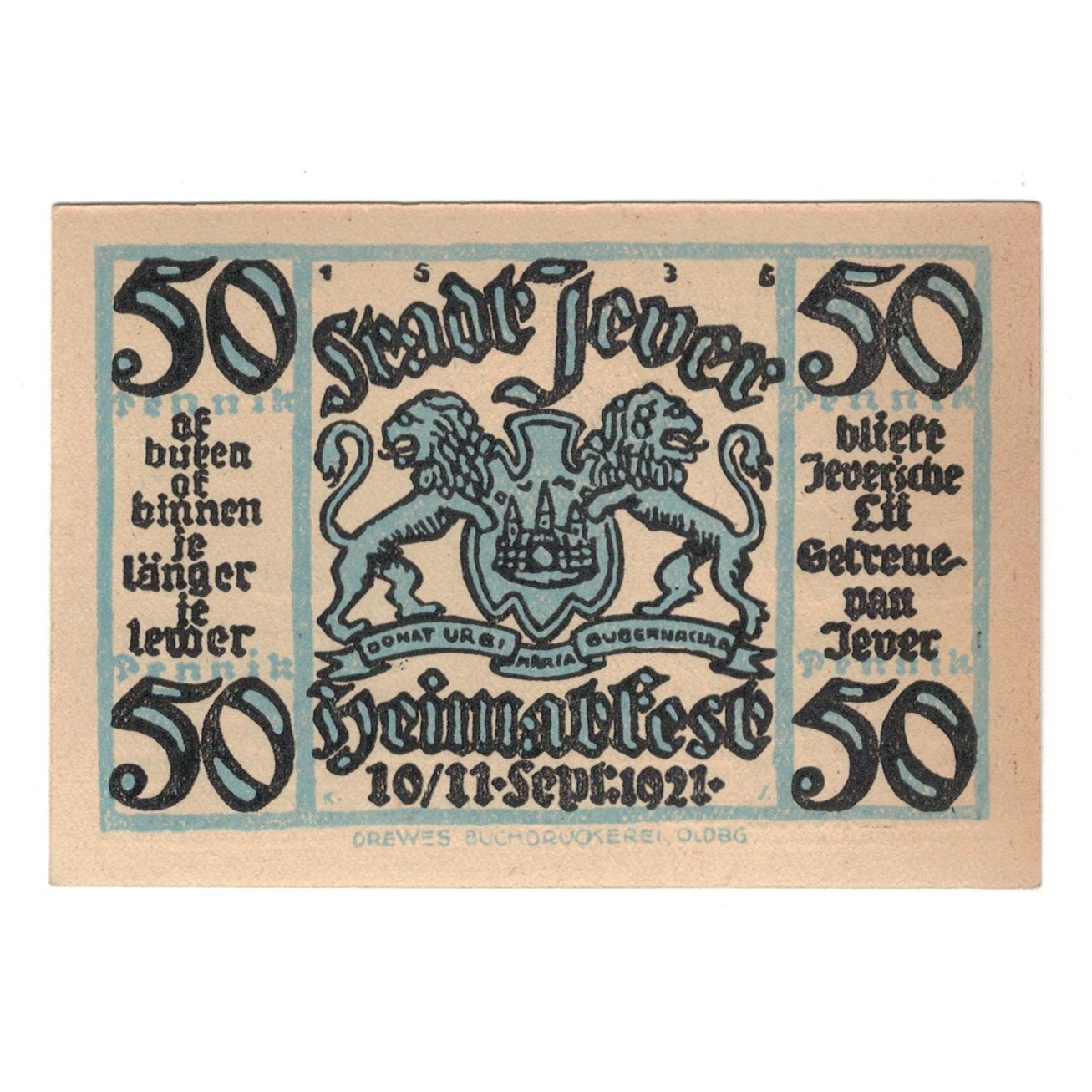 Banconote, Germania, Jever Heimatverein, 50 Pfennig, Texte, 1921, 1921-09-11