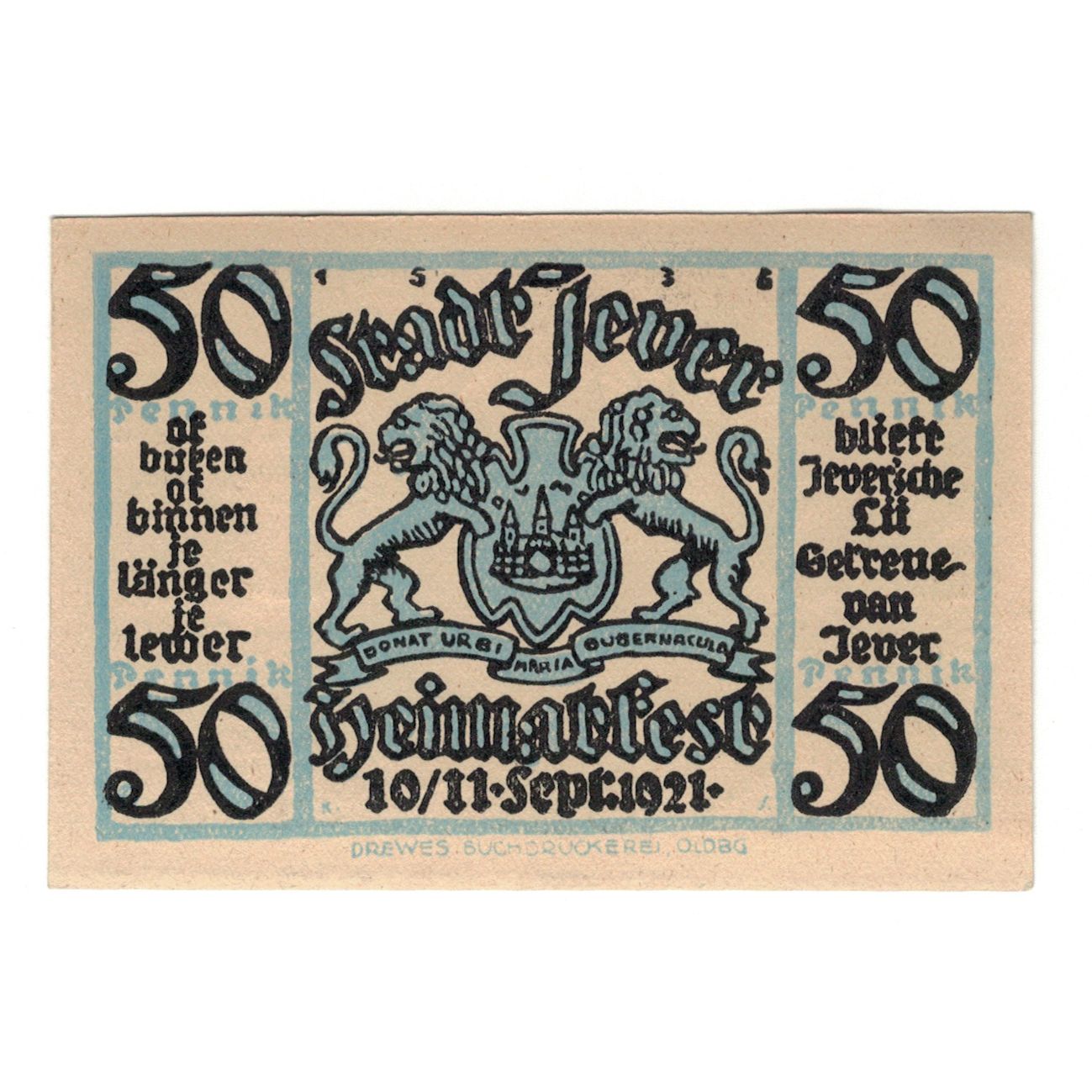 Geldschein, Deutschland, Jever Heimatverein, 50 Pfennig, personnage, 1921