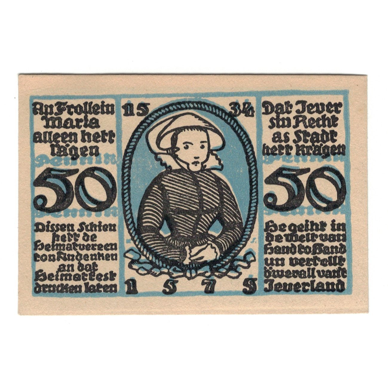 Geldschein, Deutschland, Jever Heimatverein, 50 Pfennig, personnage, 1921