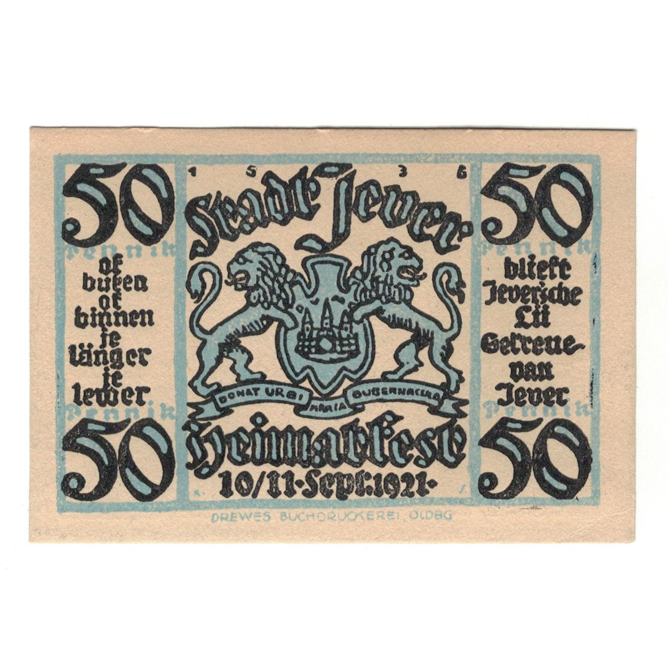 Banknote, Germany, Jever Heimatverein, 50 Pfennig, Batiment, 1921, 1921-09-11