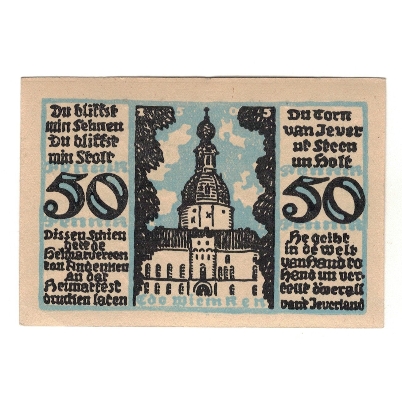 Banknote, Germany, Jever Heimatverein, 50 Pfennig, Batiment, 1921, 1921-09-11