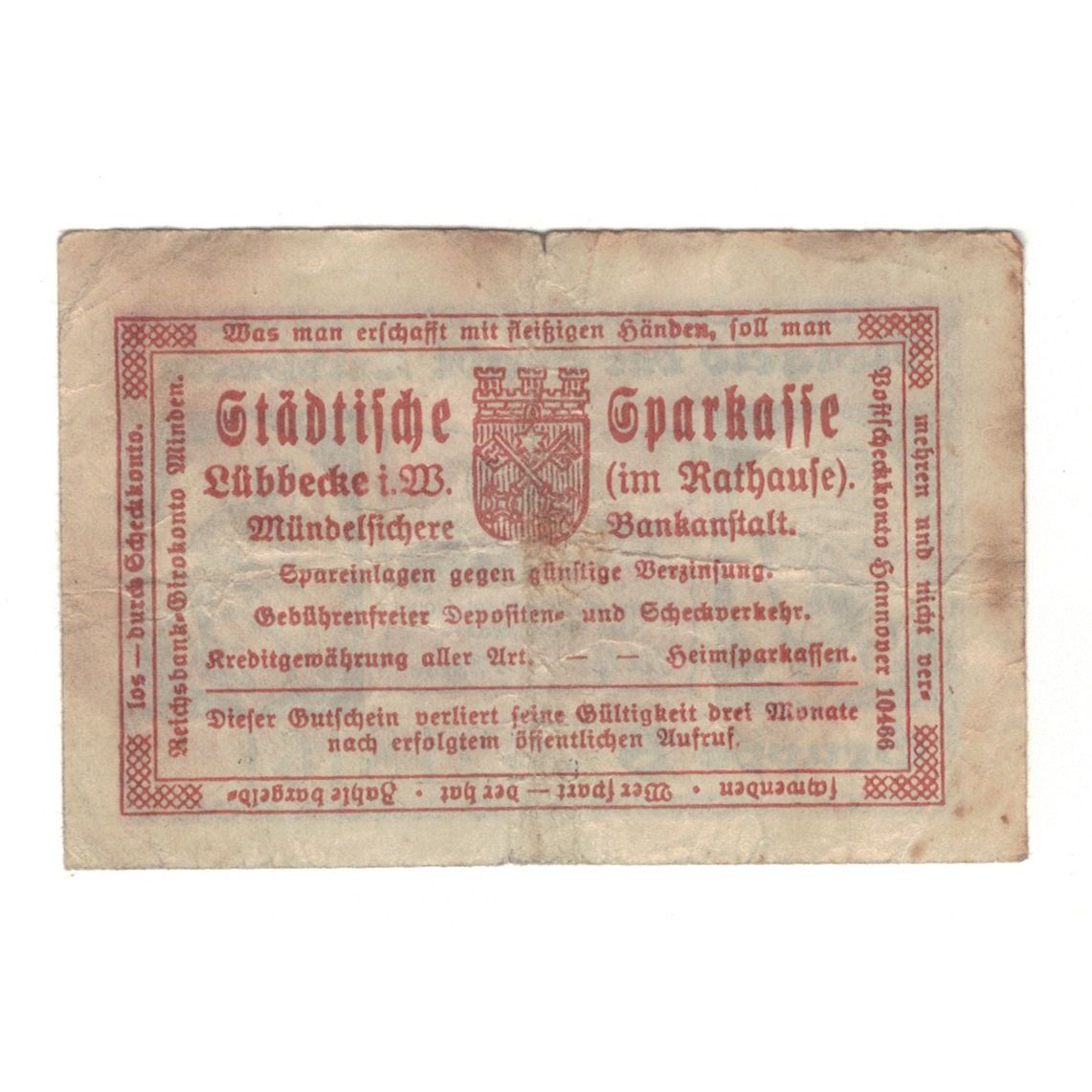 Banknote, Germany, Lubbecke Stadt, 10 Pfennig, Texte, 1920, 1920-05-14
