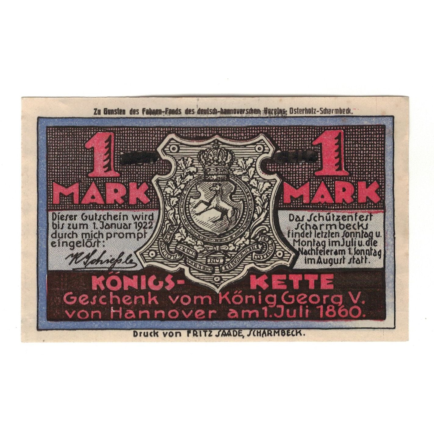 Banknote, Germany, Scharmbeck Schützenhof Stadt, 1 Mark, personnage, 1922
