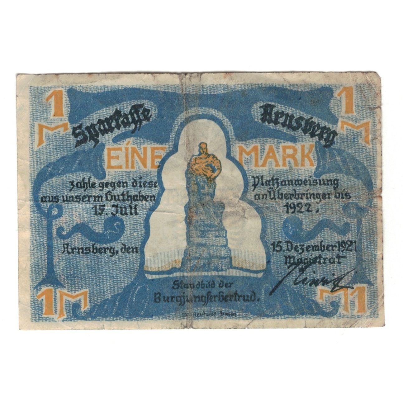 Banknote, Germany, Arnsberg Stadt, 1 Mark, statue, 1921, 1921-12-15, VF(30-35)