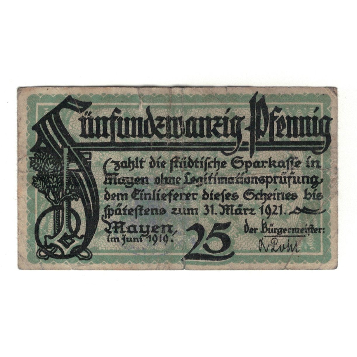 Banknote, Germany, Mayen Stadt, 25 Pfennig, Batiment, 1921, 1921-03-31
