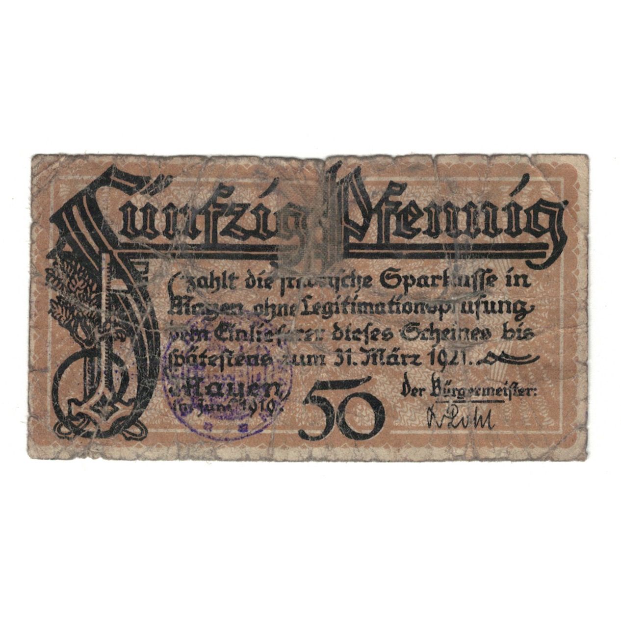 Banknote, Germany, Mayen Stadt, 50 Pfennig, Batiment, 1921, 1921-03-31