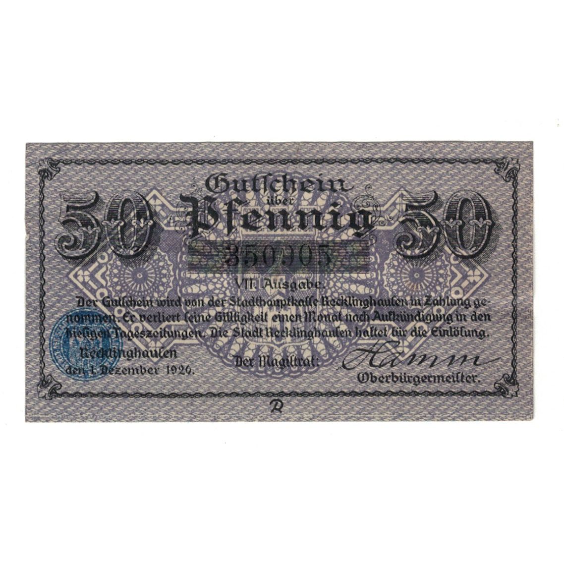 Banknote, Germany, Recklinghausen Stadt, 50 Pfennig, Batiment, 1920, 1920-12-01
