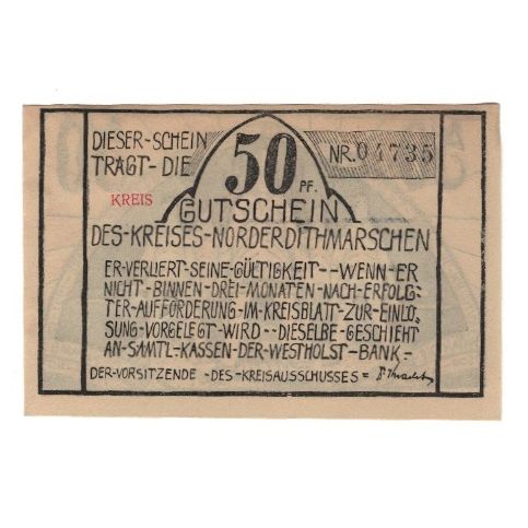 Banknote, Germany, Norder-Dithmarschen Kreis (Sitz in Heide), 50 Pfennig