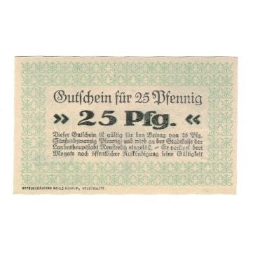 Billet, Allemagne, Neustrelitz Stadt, 25 Pfennig, Texte, 1920, 1920-10-01, SUP