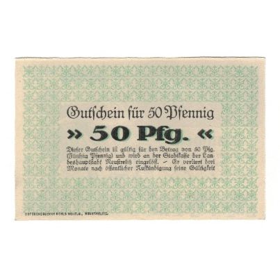 Banconote, Germania, Neustrelitz Stadt, 50 Pfennig, Texte, 1920, 1920-10-01