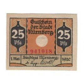 Biljet, Duitsland, Nürnberg Stadt Allein, 25 Pfennig, valeur faciale, 1921