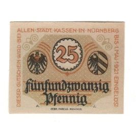 Biljet, Duitsland, Nürnberg Stadt Allein, 25 Pfennig, valeur faciale, 1921