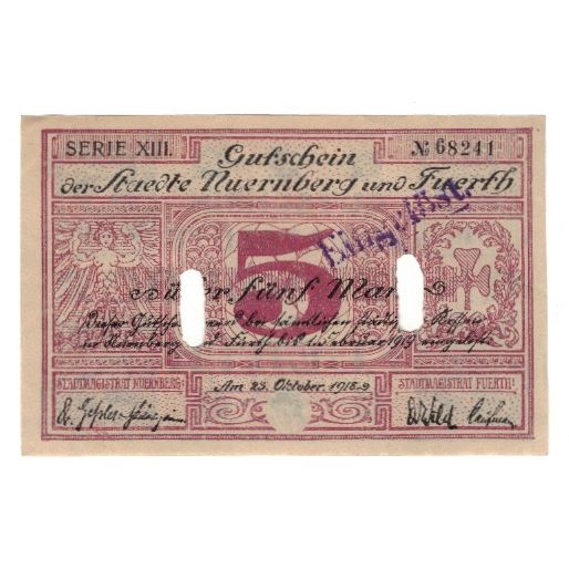 Banknote, Germany, Nuernberg u. Fuerth, 5 Mark, valeur faciale, 1918